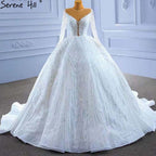Weiß Perlen Luxus Hochzeit Kleider 2025 Lange Ärmel Lace Up Braut Kleider HM67382 Nach Maß 