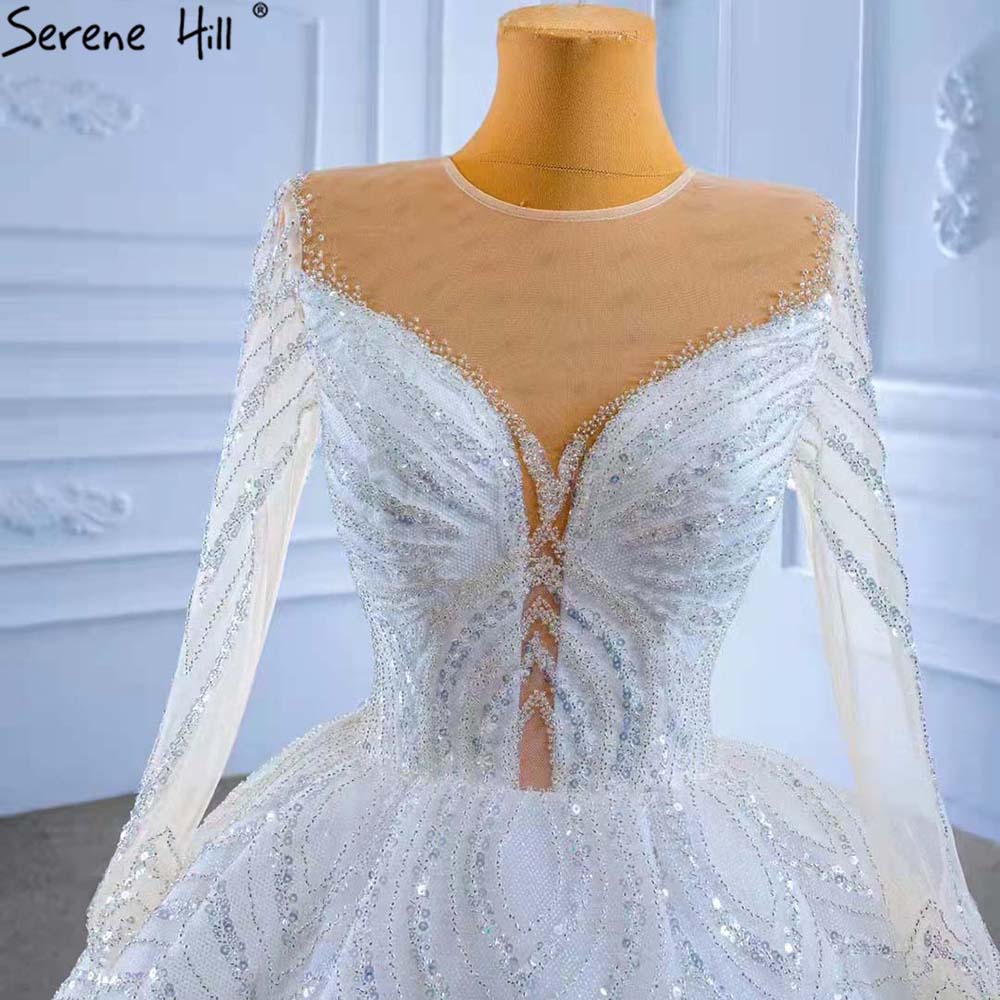 Weiß Perlen Luxus Hochzeit Kleider 2025 Lange Ärmel Lace Up Braut Kleider HM67382 Nach Maß 