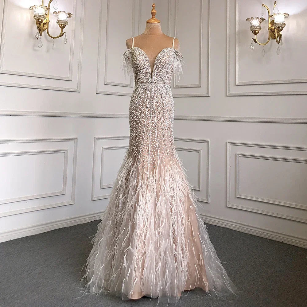 Luxury Feathers White Nude Prom Evening Dresses LA71656