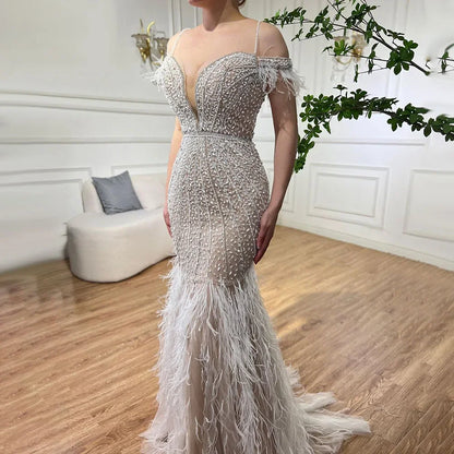 Luxus Federn Weiß Nude Ball Abendkleider LA71656 