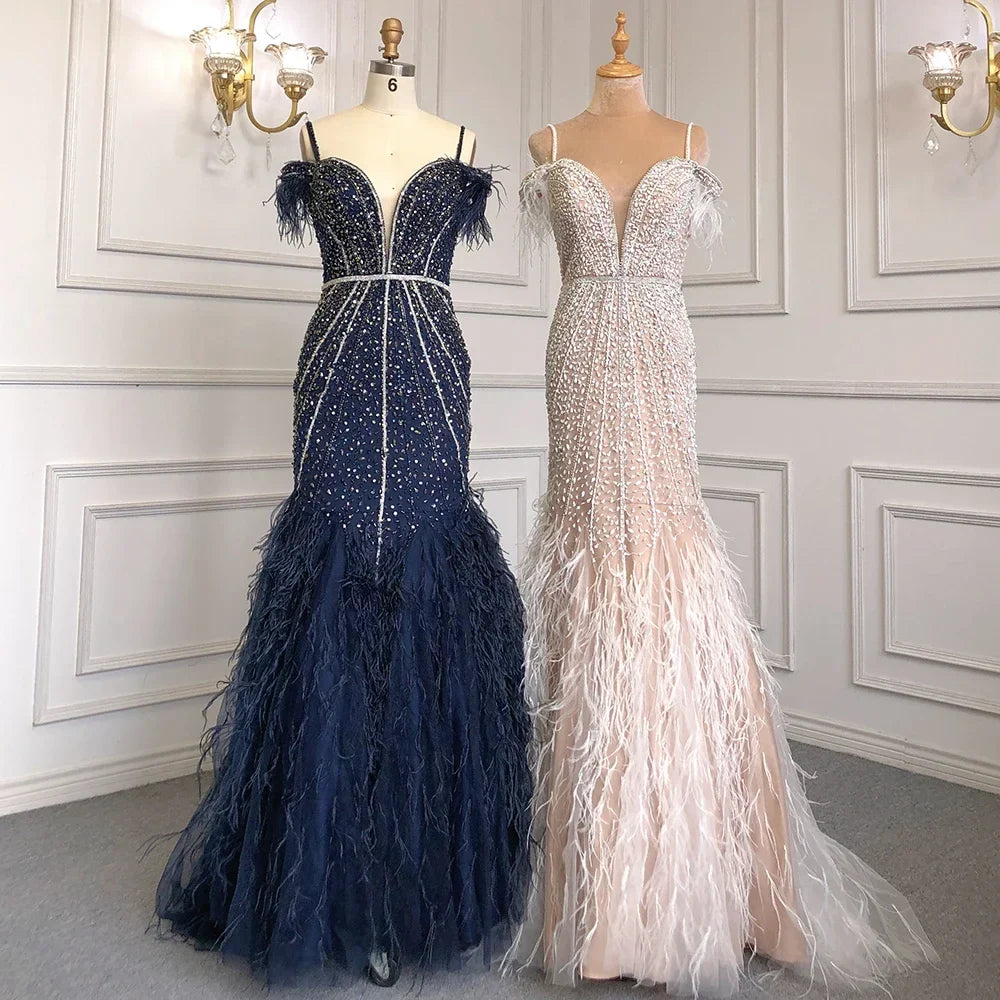 Luxury Feathers White Nude Prom Evening Dresses LA71656
