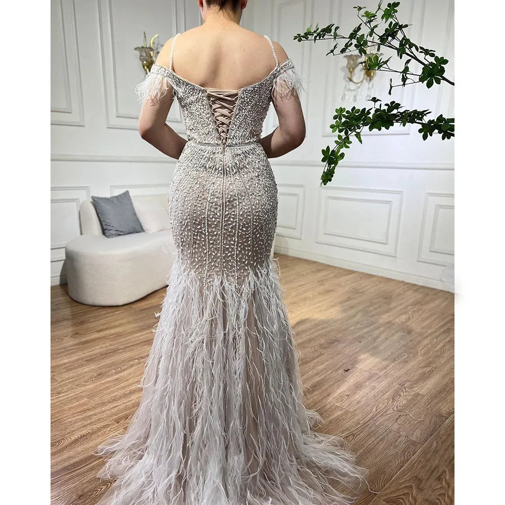 Luxus Federn Weiß Nude Ball Abendkleider LA71656 