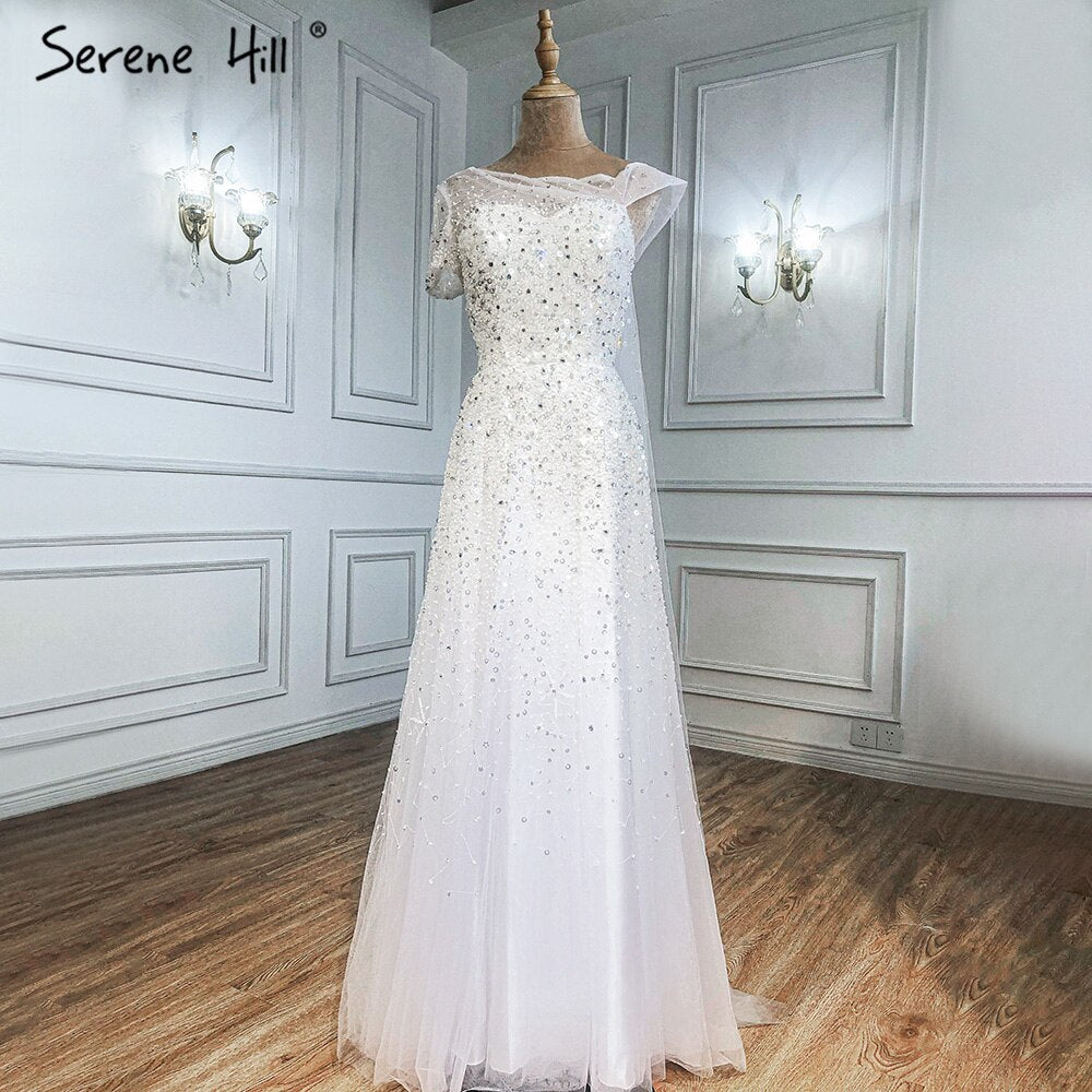 Weiß Perlen Sexy Abendkleider Kleider 2025 Eine Schulter A-linie Für Frauen Hochzeit Party LA71293 