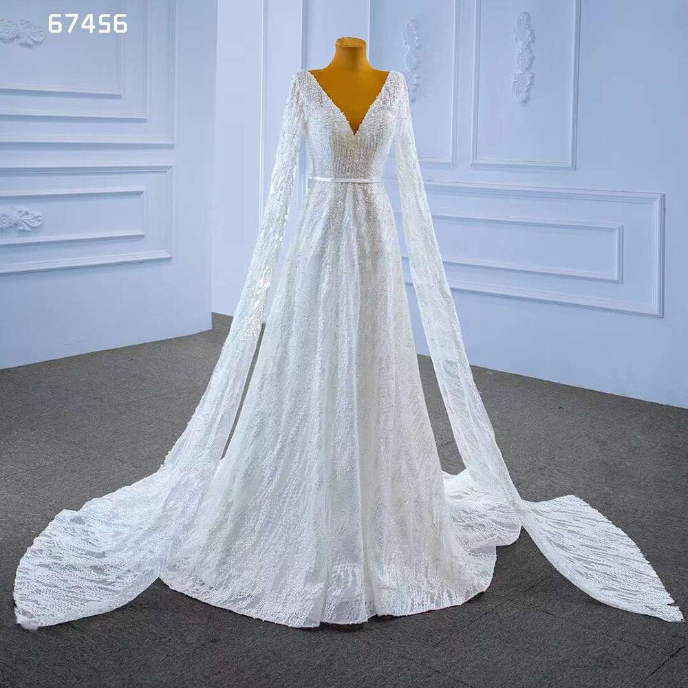 White Cape Sleeves Luxury Lace Beaded V Neck Lace Up Bride Gowns Wedding Dress 2025 High End Custom Made HM67456