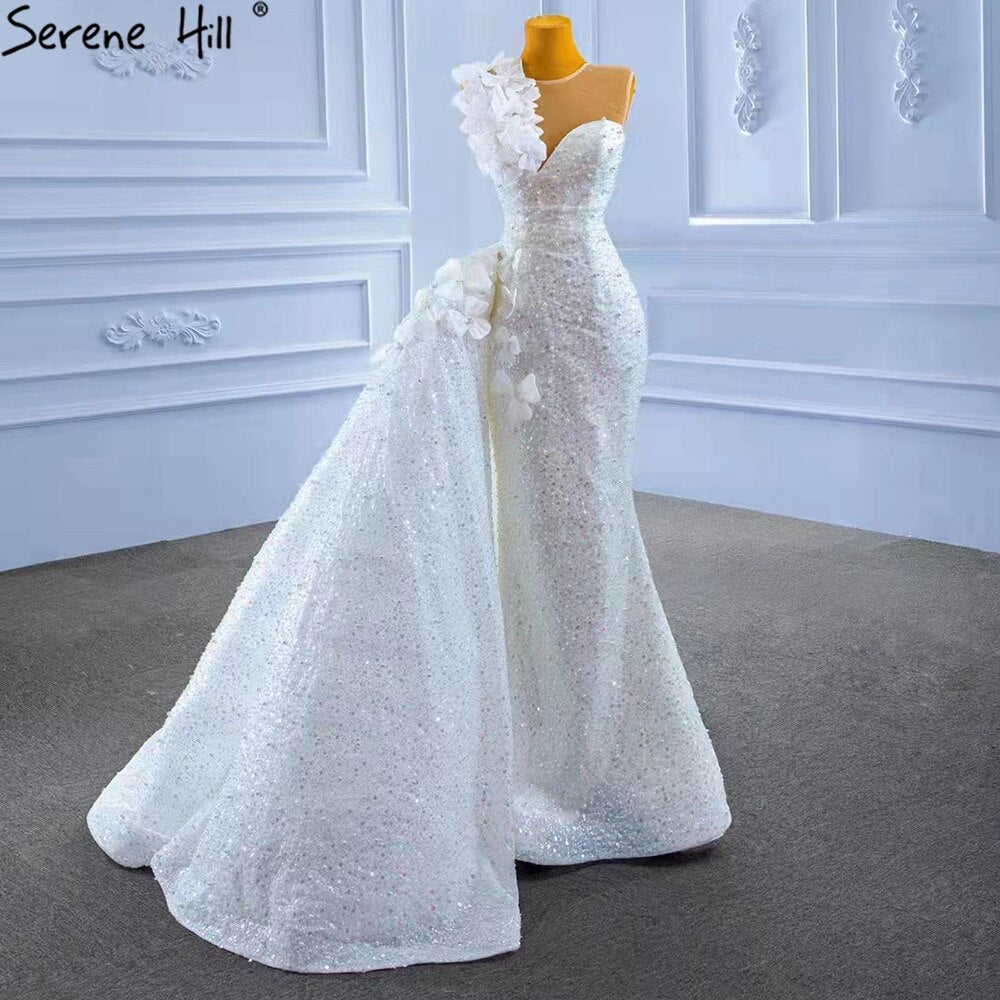 Vestido de novia blanco con cola desmontable, elegante, estilo sirena, con cuentas y perlas, HM67409, 2025 