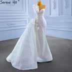Vestido de novia blanco con cola desmontable, elegante, estilo sirena, con cuentas y perlas, HM67409, 2025 