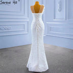 Vestido de novia blanco con cola desmontable, elegante, estilo sirena, con cuentas y perlas, HM67409, 2025 