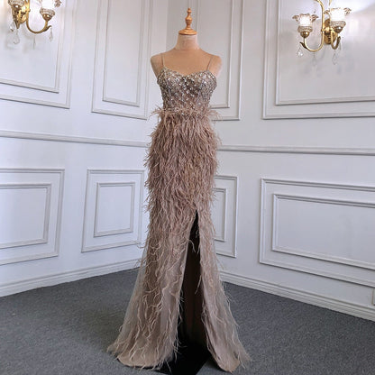 White Elegant Mermaid Sexy Spaghetti Strap Split Feathers Luxury Evening Dresses 2025 LA71685