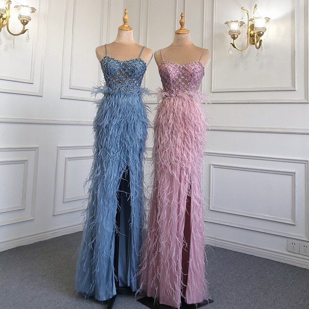 White Elegant Mermaid Sexy Spaghetti Strap Split Feathers Luxury Evening Dresses 2025 LA71685
