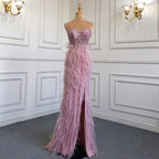 White Elegant Mermaid Sexy Spaghetti Strap Split Feathers Luxury Evening Dresses 2025 LA71685