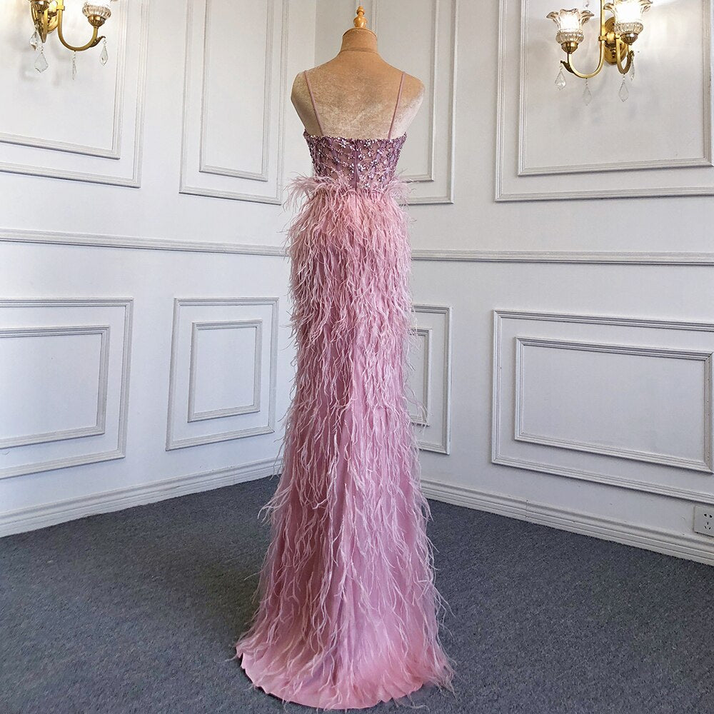 White Elegant Mermaid Sexy Spaghetti Strap Split Feathers Luxury Evening Dresses 2025 LA71685