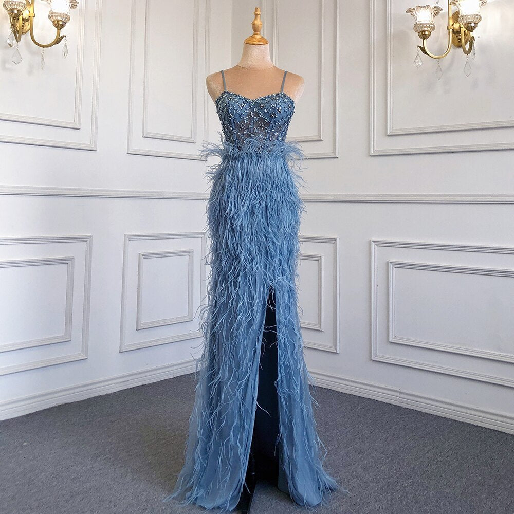 White Elegant Mermaid Sexy Spaghetti Strap Split Feathers Luxury Evening Dresses 2025 LA71685
