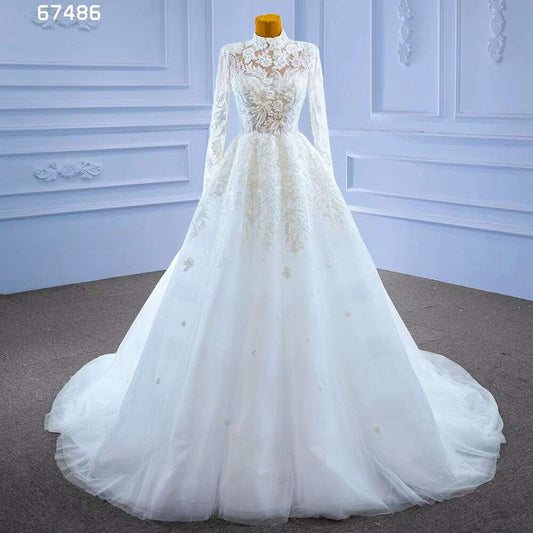 White High End Luxury Lace Beaded High Neck Long Sleeves Lace Up Bride Gowns Wedding Dress 2025 Custom Made HM67486