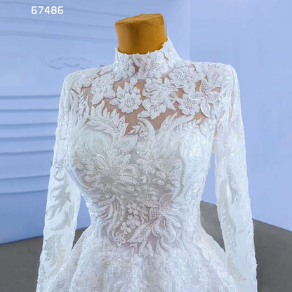 White High End Luxury Lace Beaded High Neck Long Sleeves Lace Up Bride Gowns Wedding Dress 2025 Custom Made HM67486