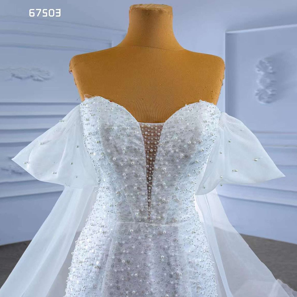 White Elegant Mermaid Strapless Luxury Pearls Beaded Lace Up Wedding Dress 2025 High End Custom Made HM67503