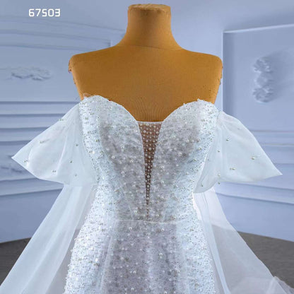 White Elegant Mermaid Strapless Luxury Pearls Beaded Lace Up Wedding Dress 2025 High End Custom Made HM67503