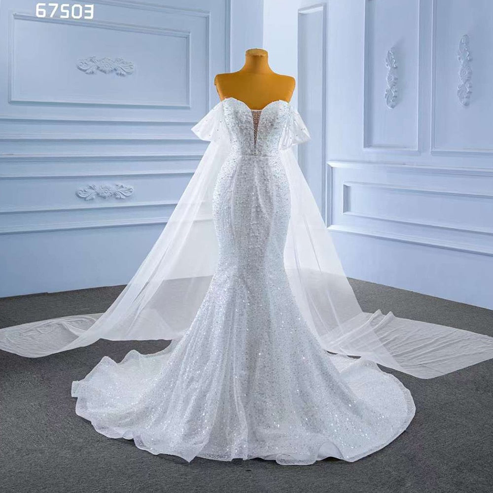 White Elegant Mermaid Strapless Luxury Pearls Beaded Lace Up Wedding Dress 2025 High End Custom Made HM67503
