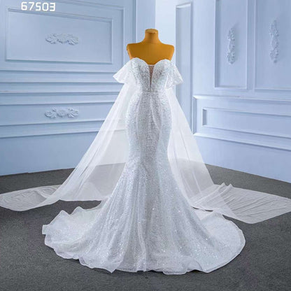 White Elegant Mermaid Strapless Luxury Pearls Beaded Lace Up Wedding Dress 2025 High End Custom Made HM67503