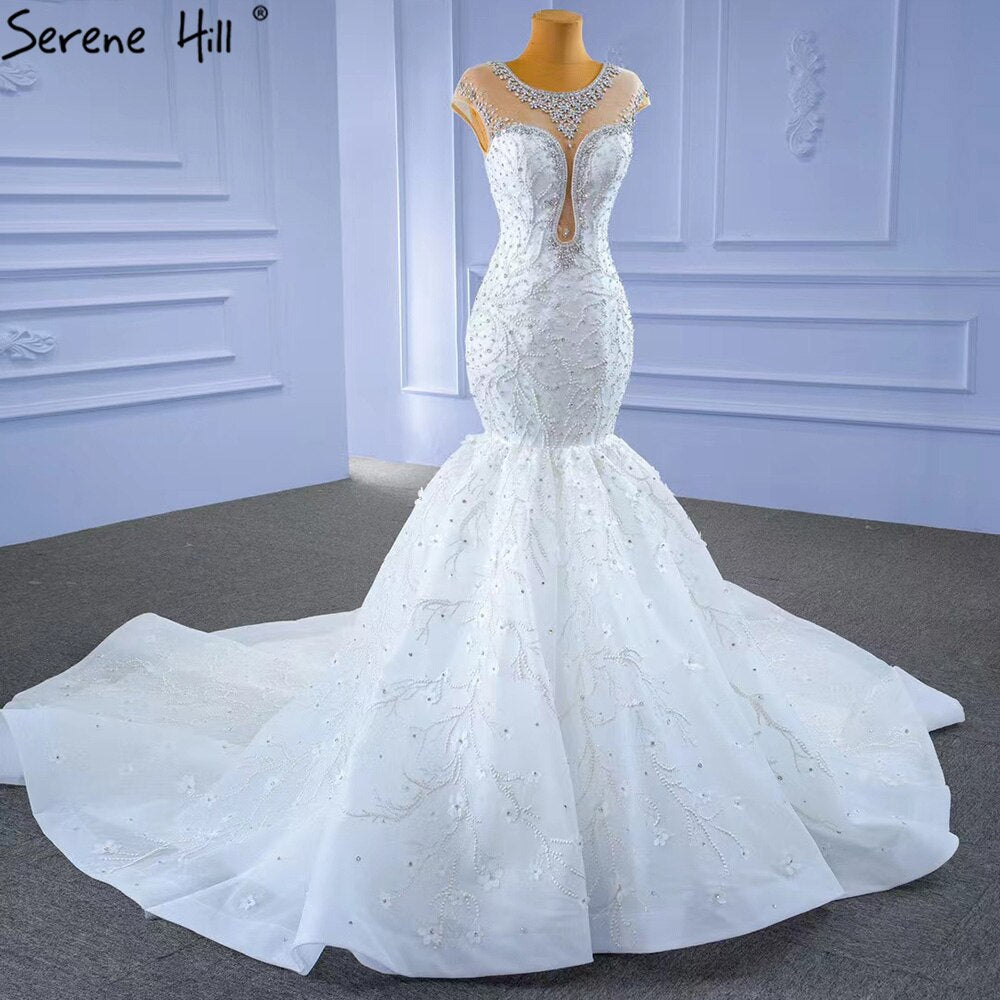 Weiß Luxus Elegante Meerjungfrau Brautkleider 2025 Perlen Diamant Kappe Ärmeln Braut Kleider HM67296 Nach Maß 