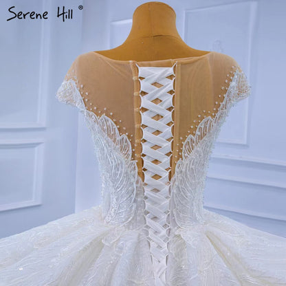 White Luxury High-end  Wedding Dresses 2025 Beaded Pearl Lace Up Bride Gowns HM67306 Custom Made