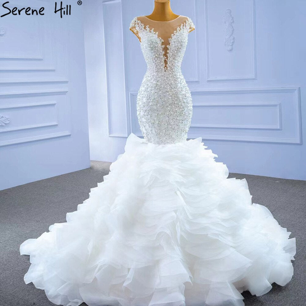 Vestido de novia blanco de lujo estilo sirena 2025, elegante vestido de novia con volantes y cuentas HM67291 