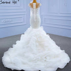 Vestido de novia blanco de lujo estilo sirena 2025, elegante vestido de novia con volantes y cuentas HM67291 