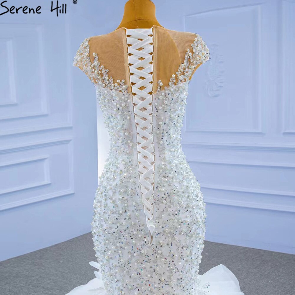 Vestido de novia blanco de lujo estilo sirena 2025, elegante vestido de novia con volantes y cuentas HM67291 