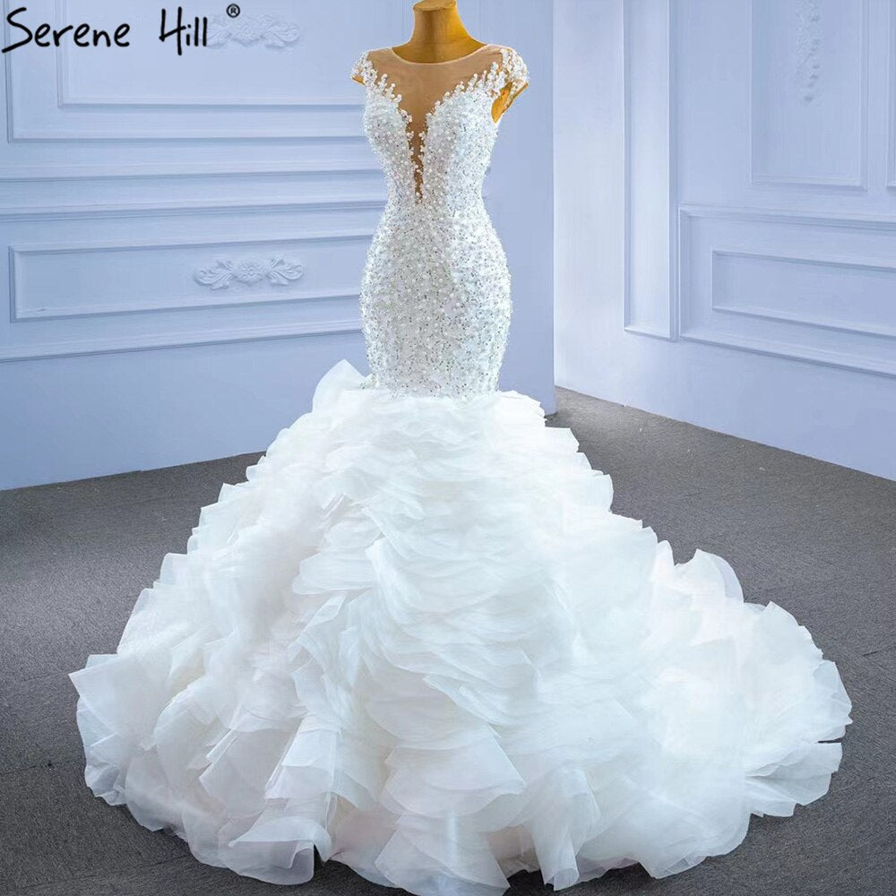 Vestido de novia blanco de lujo estilo sirena 2025, elegante vestido de novia con volantes y cuentas HM67291 