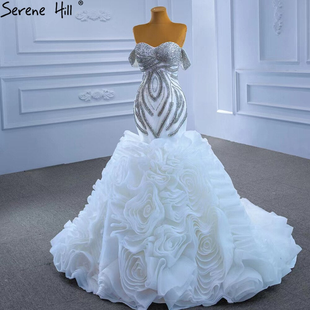 Weiß Luxus Rüschen Perlen Brautkleider 2025 Meerjungfrau Elegante High-end-Braut Kleider HM67365 Nach Maß 