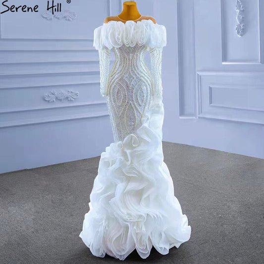 White Luxury Ruffles Wedding Dresses Gowns 2025 Mermaid Beaded Pearls Elegant Bridal Dress HM67418