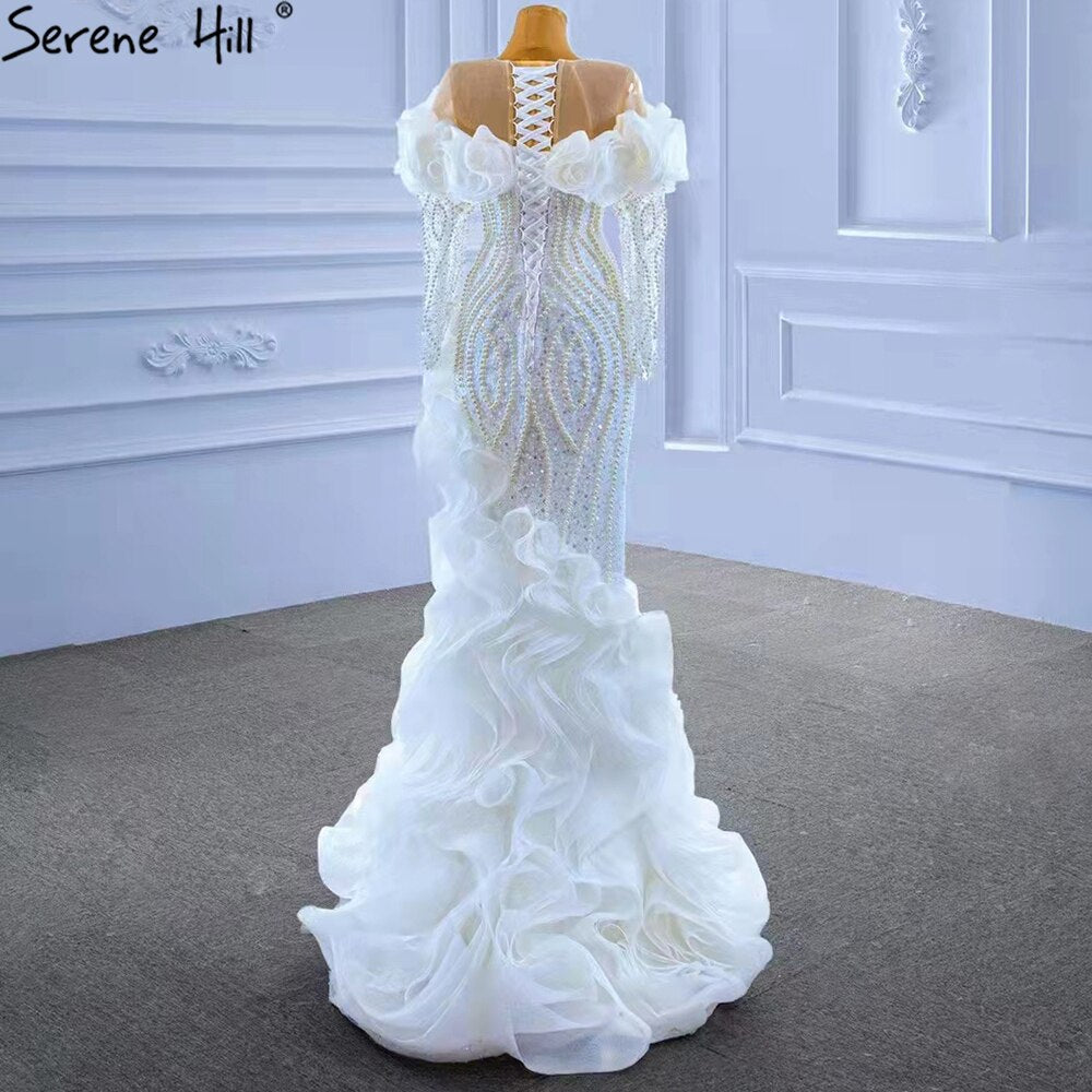 White Luxury Ruffles Wedding Dresses Gowns 2025 Mermaid Beaded Pearls Elegant Bridal Dress HM67418