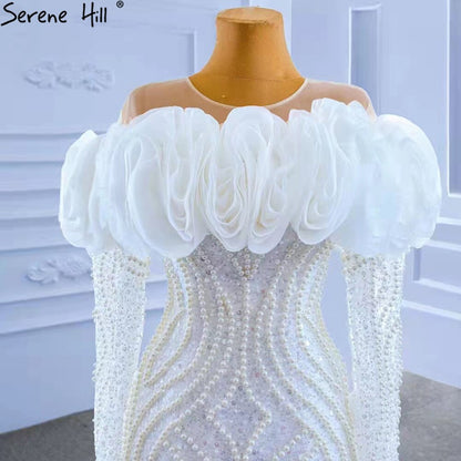 White Luxury Ruffles Wedding Dresses Gowns 2025 Mermaid Beaded Pearls Elegant Bridal Dress HM67418