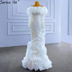 Vestido de novia blanco de lujo con volantes, corte sirena, cuentas y perlas, HM67418 