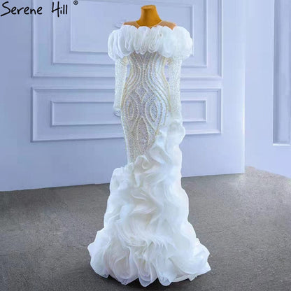 White Luxury Ruffles Wedding Dresses Gowns 2025 Mermaid Beaded Pearls Elegant Bridal Dress HM67418