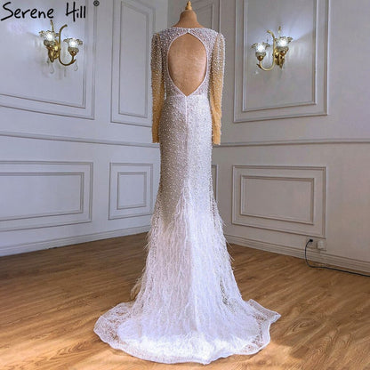 White Mermaid Luxury Evening Dresses Gowns 2025 Elegant Pearls Feathers For Women Party LA70633