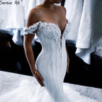 Weiß Meerjungfrau Luxus Sexy Brautkleider 2025 Perlen Federn Elegante Brautkleider LA70899 Nach Maß 