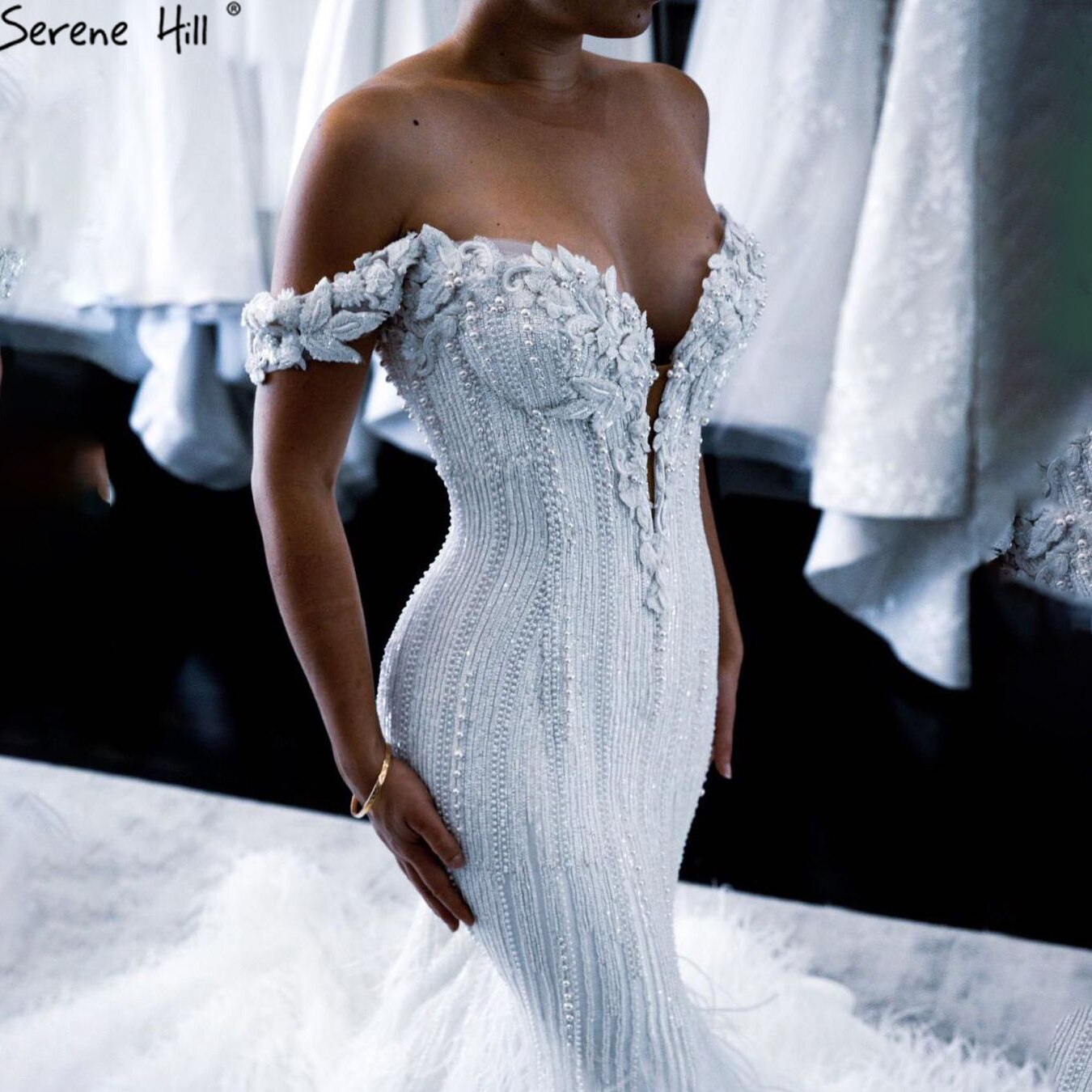 Weiß Meerjungfrau Luxus Sexy Brautkleider 2025 Perlen Federn Elegante Brautkleider LA70899 Nach Maß 