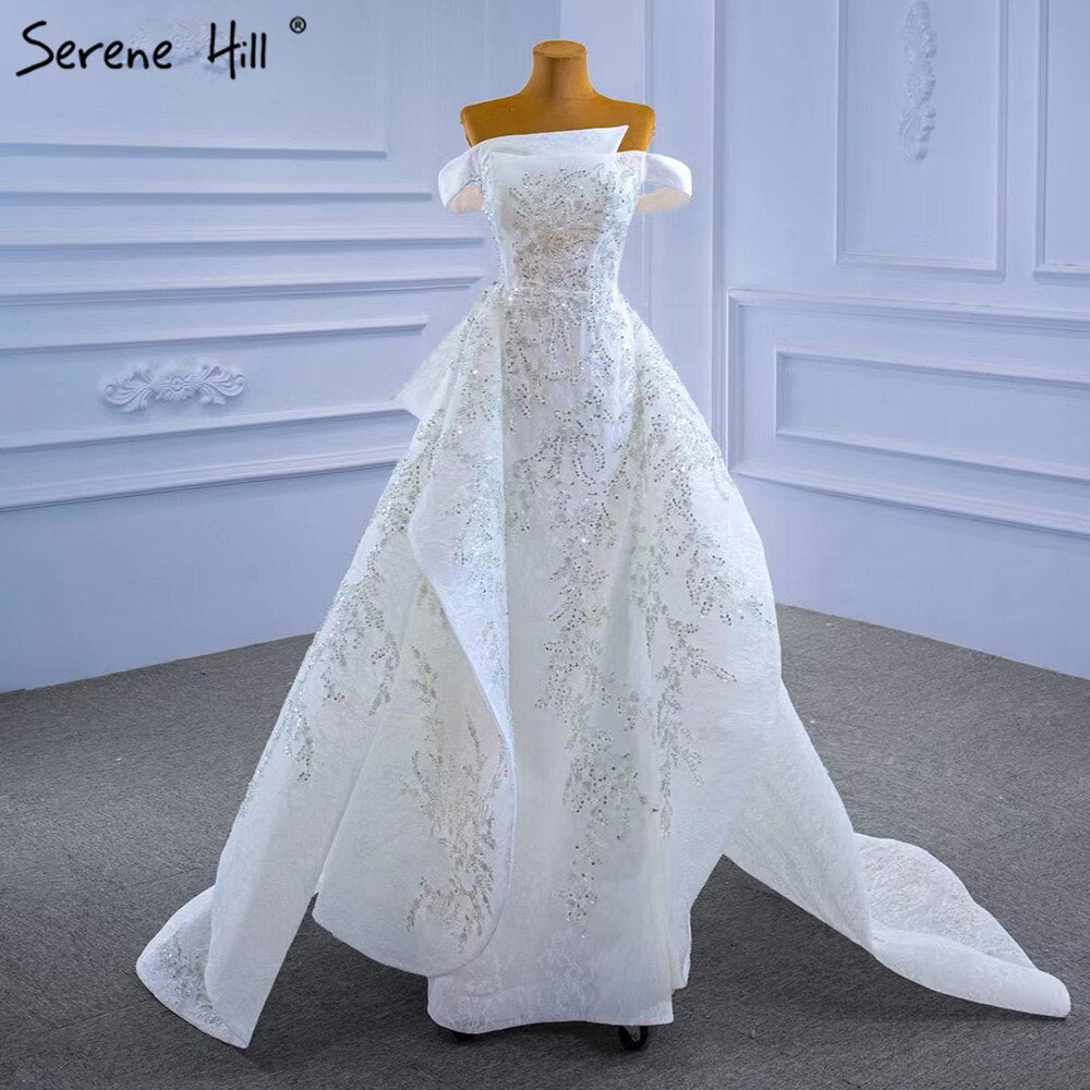 White Mermaid Overskirt Evening Dresses Gowns 2025 Beaded Elegant Luxury For Women Party HM67336