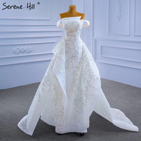 White Mermaid Overskirt Evening Dresses Gowns 2025 Beaded Elegant Luxury For Women Party HM67336