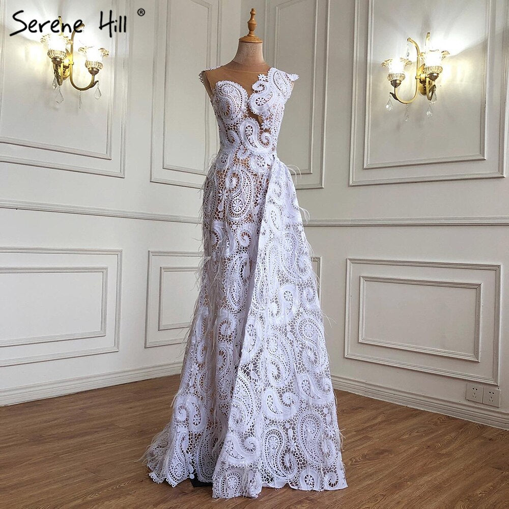 White Mermaid Overskirt Evening Dresses Gowns 2025 Lace Feather Elegant Formal Women Party LA71143