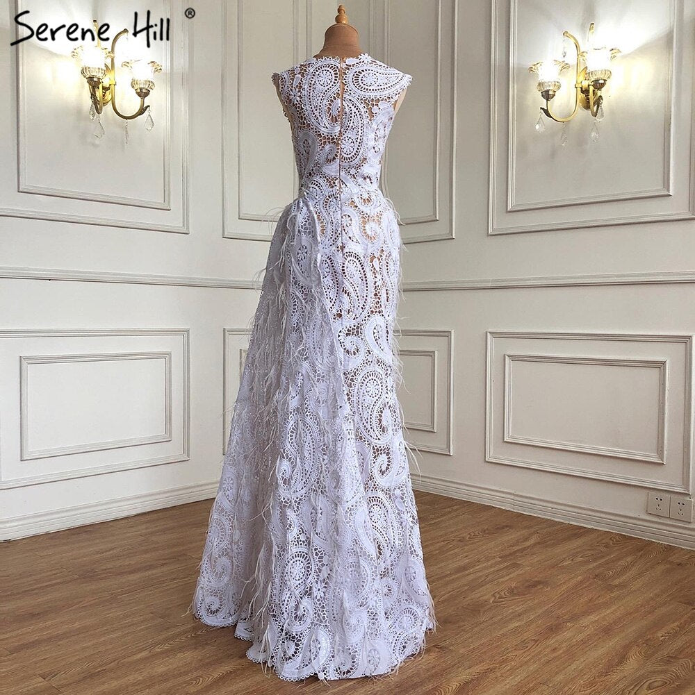 Vestido de noche con sobrefalda de sirena blanca, elegante, de encaje y plumas, para mujer, para fiesta, LA71143 