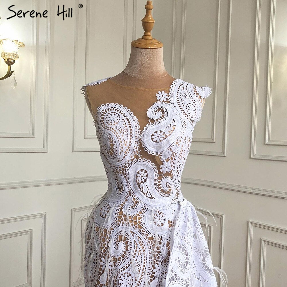 Vestido de noche con sobrefalda de sirena blanca, elegante, de encaje y plumas, para mujer, para fiesta, LA71143 