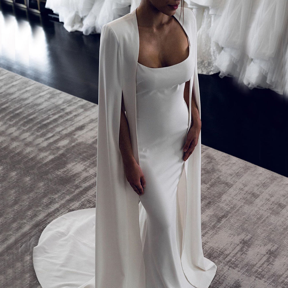 Weiß Meerjungfrau Satin Abendkleider Kleider 2025 Cape Ärmeln Backless Sexy Für Frauen Party LA70628 