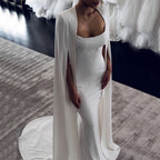 Weiß Meerjungfrau Satin Abendkleider Kleider 2025 Cape Ärmeln Backless Sexy Für Frauen Party LA70628 