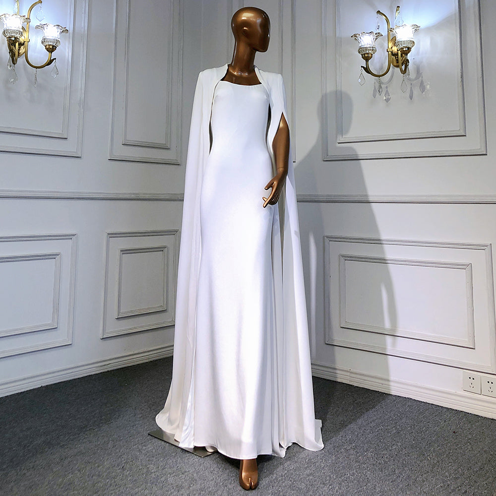 Weiß Meerjungfrau Satin Abendkleider Kleider 2025 Cape Ärmeln Backless Sexy Für Frauen Party LA70628 
