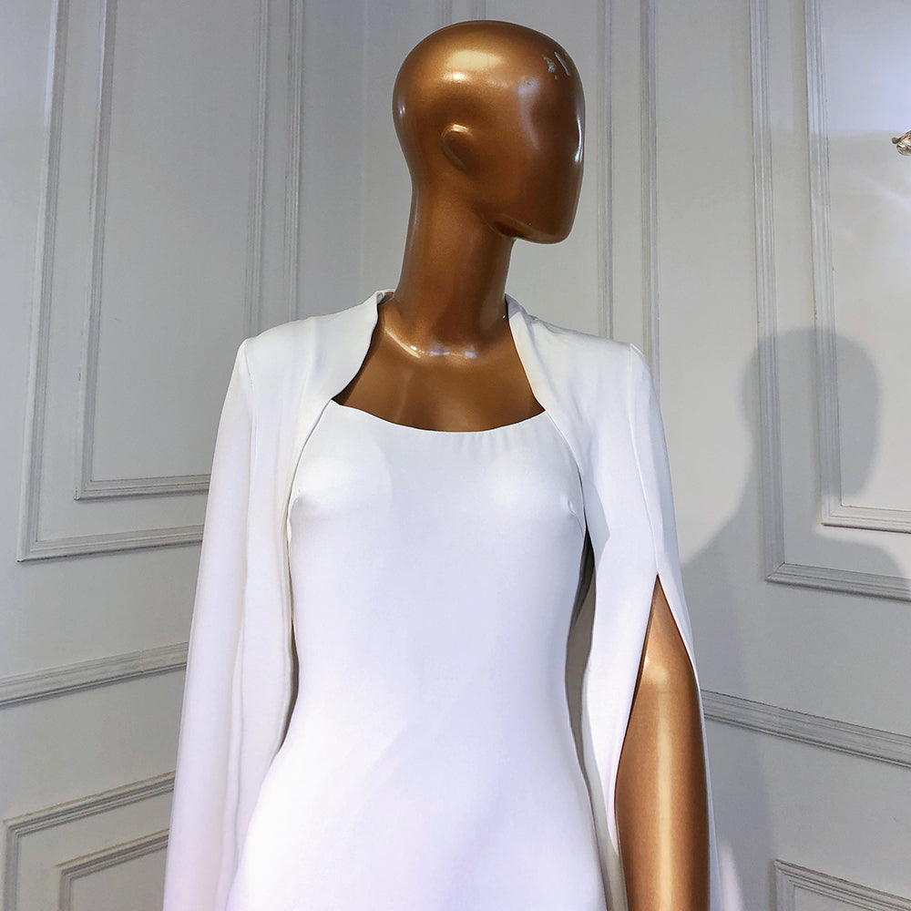 Weiß Meerjungfrau Satin Abendkleider Kleider 2025 Cape Ärmeln Backless Sexy Für Frauen Party LA70628 