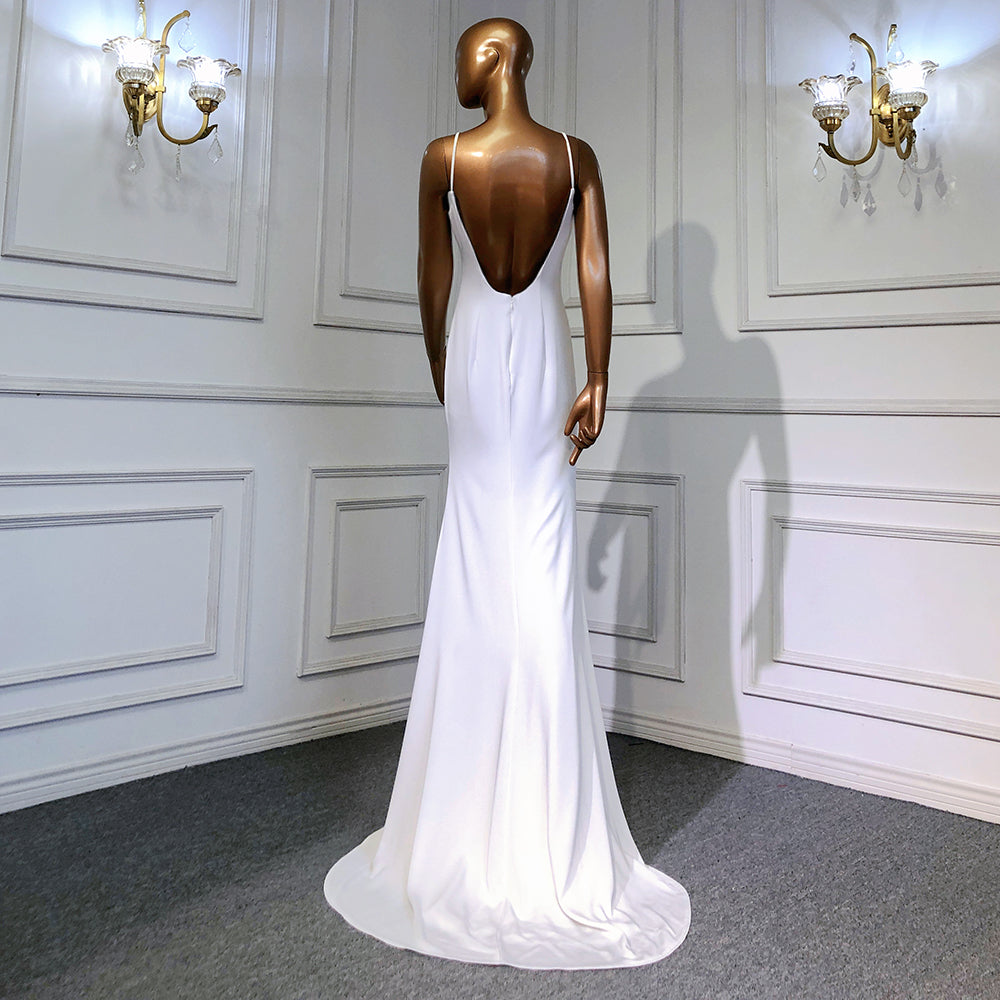 White Mermaid Satin Evening Dresses Gowns 2025 Cape Sleeves Backless Sexy For Women Party LA70628