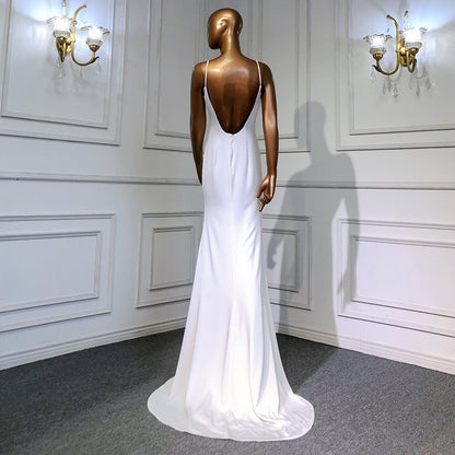 White Mermaid Satin Evening Dresses Gowns 2025 Cape Sleeves Backless Sexy For Women Party LA70628