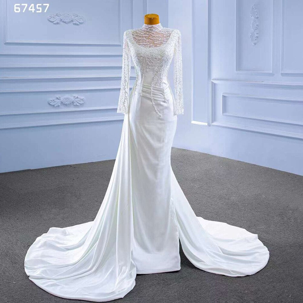 White Mermaid Satin Long Sleeves Lace Beaded Lace Up Bride Gowns Wedding Dress 2025 High End Custom Made HM67457