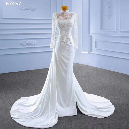 White Mermaid Satin Long Sleeves Lace Beaded Lace Up Bride Gowns Wedding Dress 2025 High End Custom Made HM67457
